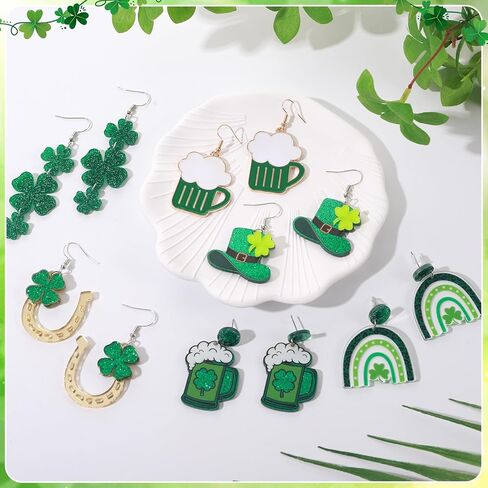JALEBI 12 Pairs St Patrick's Day Earrings for Women, Glitter Irish Shamrock Acrylic Earring Jewelry Set Layered Tassel Green Hat Horseshoe Earring Lucky 4 Leaf Petal Cute Studs for Irish Festival Gift in Saudi Arabia