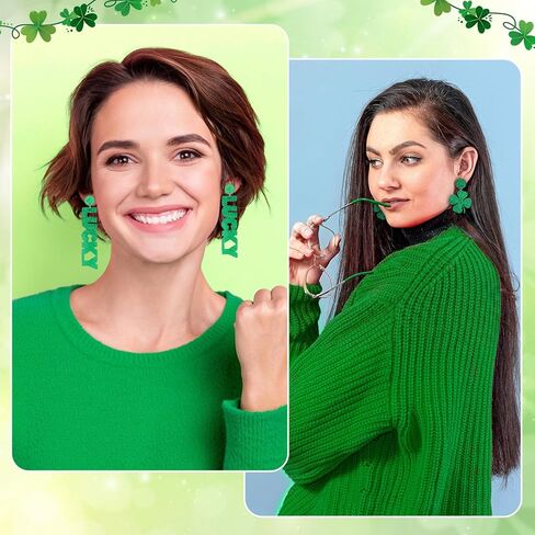 JALEBI 12 Pairs St Patrick's Day Earrings for Women, Glitter Irish Shamrock Acrylic Earring Jewelry Set Layered Tassel Green Hat Horseshoe Earring Lucky 4 Leaf Petal Cute Studs for Irish Festival Gift in Saudi Arabia