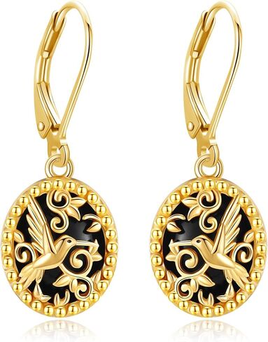 Black Onyx Hummingbird Earrings 925 Sterling Silver Hummingbird Filigree Leverback Earrings Gold Plated Oval Dangle Drop Earrings Jewelry Gifts for Women in Saudi Arabia