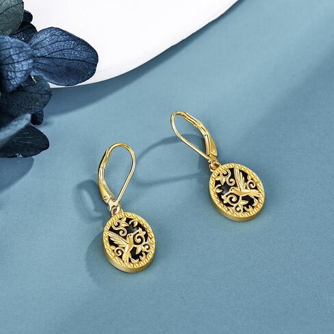 Black Onyx Hummingbird Earrings 925 Sterling Silver Hummingbird Filigree Leverback Earrings Gold Plated Oval Dangle Drop Earrings Jewelry Gifts for Women in Saudi Arabia