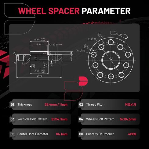 BDFHYK 5x114.3 مم نمط مسمار العجلة 1 بوصة 5x4.5 فاصل عجلة محوري متوافق مع Honda Accord Civic CR-V CL MDX RDX TSX، محولات عجلة العروة 5 مزورة M12x1.5 و64.1 مم، مجموعة من 4 in Kuwait