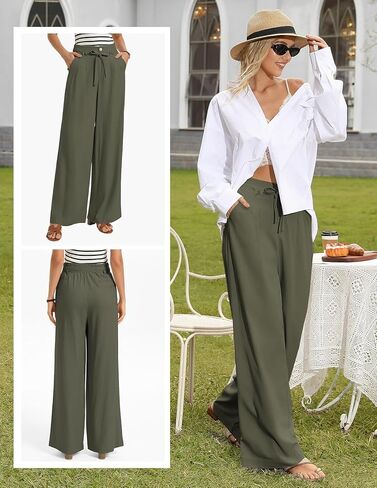 GRACE KARIN Linen Pants Women,Elastic High Waist Wide Leg Pants with Pockets,Comfy Beach Vacation Trousers in Saudi Arabia