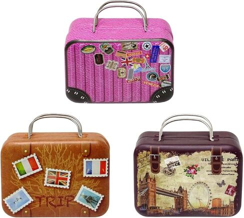 3PCS Cute Mini Suitcase Decorative Boxes Funny Small Tinplate Rectangular Storage Container with Handle for Party Birthday Home Decorations, 3 Styles in Saudi Arabia