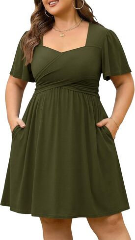 AMCLOS Women's Plus Size Casual Short Sleeve Dress 2 Pockets Square Neck Back-Tie Crosswrap Bodice Elegant Work Business in Kuwait