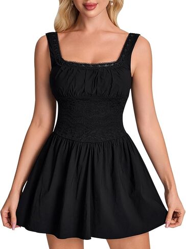 HTZMO Lace Square Neck Summer Mini Dress Graduation Casual Party Cute Ruched A Line Short Dresses for Women 2026 in Saudi Arabia