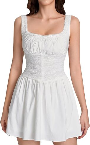 HTZMO Lace Square Neck Summer Mini Dress Graduation Casual Party Cute Ruched A Line Short Dresses for Women 2026 in Saudi Arabia