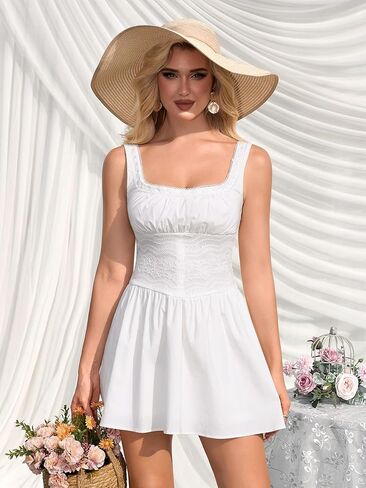 HTZMO Lace Square Neck Summer Mini Dress Graduation Casual Party Cute Ruched A Line Short Dresses for Women 2026 in Saudi Arabia