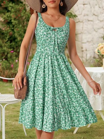 FENSACE Women's Summer Floral Sleeveless Elastic Straps A Line Cute Ruffle Hem Knee Length Sun Dress with Pockets in Saudi Arabia