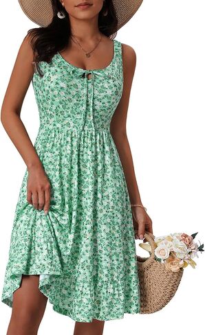FENSACE Women's Summer Floral Sleeveless Elastic Straps A Line Cute Ruffle Hem Knee Length Sun Dress with Pockets in Saudi Arabia