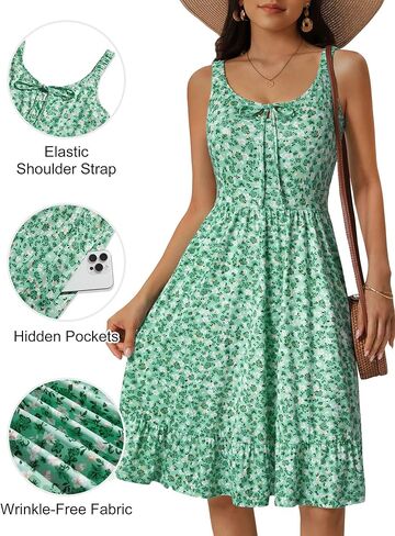 FENSACE Women's Summer Floral Sleeveless Elastic Straps A Line Cute Ruffle Hem Knee Length Sun Dress with Pockets in Saudi Arabia