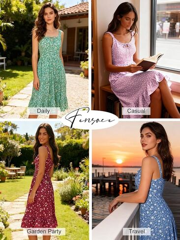 FENSACE Women's Summer Floral Sleeveless Elastic Straps A Line Cute Ruffle Hem Knee Length Sun Dress with Pockets in Saudi Arabia