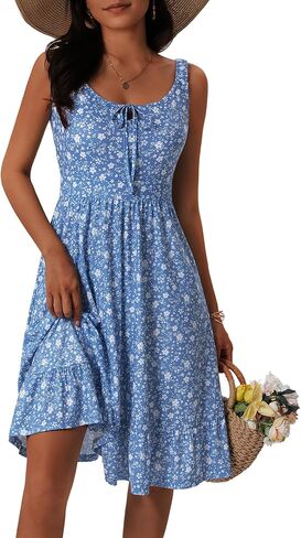 FENSACE Women's Summer Floral Sleeveless Elastic Straps A Line Cute Ruffle Hem Knee Length Sun Dress with Pockets in Saudi Arabia