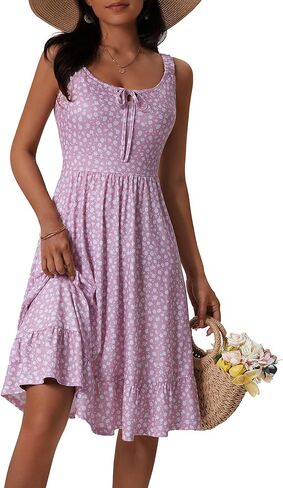 FENSACE Women's Summer Floral Sleeveless Elastic Straps A Line Cute Ruffle Hem Knee Length Sun Dress with Pockets in Saudi Arabia