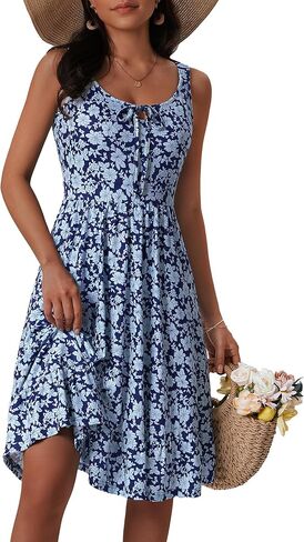 FENSACE Women's Summer Floral Sleeveless Elastic Straps A Line Cute Ruffle Hem Knee Length Sun Dress with Pockets in Saudi Arabia