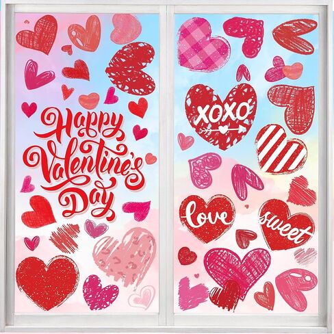 Valentines Window Clings,Double-Sided Red Pink Hearts Happy Valentine's Day Decals for Home Wedding Anniversary Party Glass Decorations (6 Sheets) in Saudi Arabia