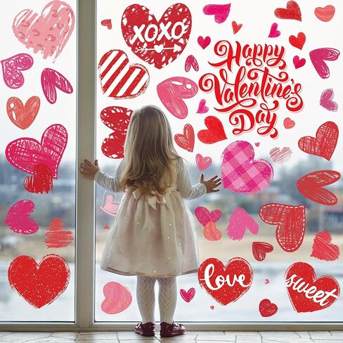 Valentines Window Clings,Double-Sided Red Pink Hearts Happy Valentine's Day Decals for Home Wedding Anniversary Party Glass Decorations (6 Sheets) in Saudi Arabia