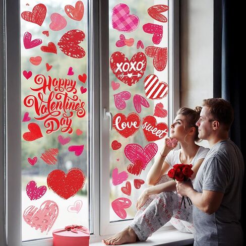 Valentines Window Clings,Double-Sided Red Pink Hearts Happy Valentine's Day Decals for Home Wedding Anniversary Party Glass Decorations (6 Sheets) in Saudi Arabia