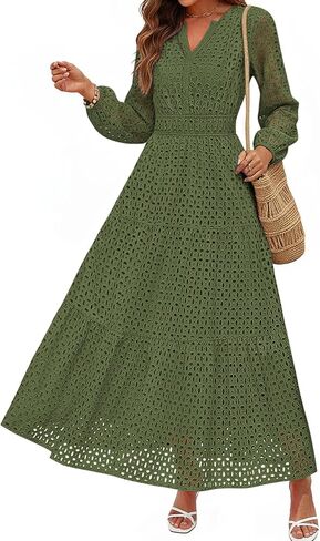 PRETTYGARDEN Women's Long Sleeve Maxi Dress V Neck Hollow Out Eyelet A Line Long Flowy 2026 Spring Wedding Guest Dresses in Saudi Arabia