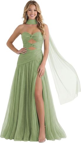 فستان حفلة موسيقية من التل اللامع 2026 للنساء مع وشاح بدون حمالات مطوي وفتحة مفتاح فستان رسمي طويل مع فتحة in Kuwait