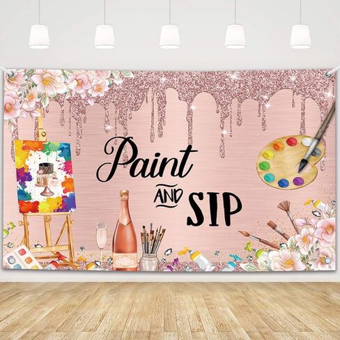 MEHOFOND 7x5ft Paint and Sip Party Backdrop Sip and Paint Kit Birthday Photography Background for Adult's Date Night Party Supplies Paint and Sip Ideas Party Sign Photo Booth Props in Kuwait