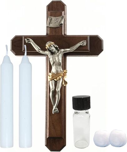 Needzo Sick Call Crucifix Pack, Includes Walnut Wall Cross with Pewter Center, Two Candles, a Glass Holy Water Bottle, and Cotton, 13 by 5 Inches in Saudi Arabia