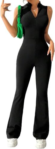 Sleeveless Jumpsuit Pants Romper For Women, Solid Color Front Zipper Stand Collar Overalls in Saudi Arabia