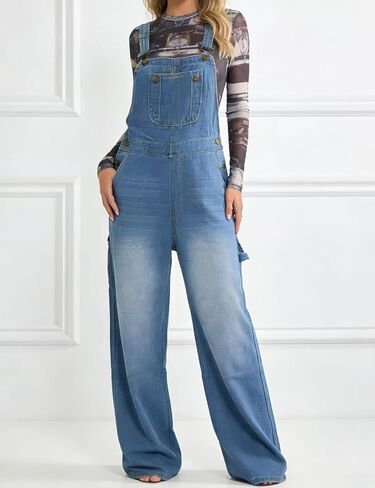 Women's Casual Denim Overalls Loose Baggy Jean Jumpsuit Vintage Bib Adjustable Wide Leg Harem Romper Pants in Saudi Arabia