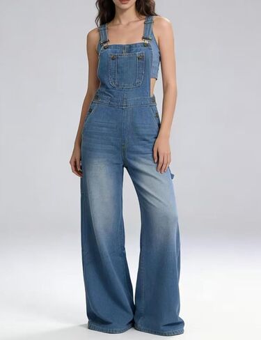 Women's Casual Denim Overalls Loose Baggy Jean Jumpsuit Vintage Bib Adjustable Wide Leg Harem Romper Pants in Saudi Arabia