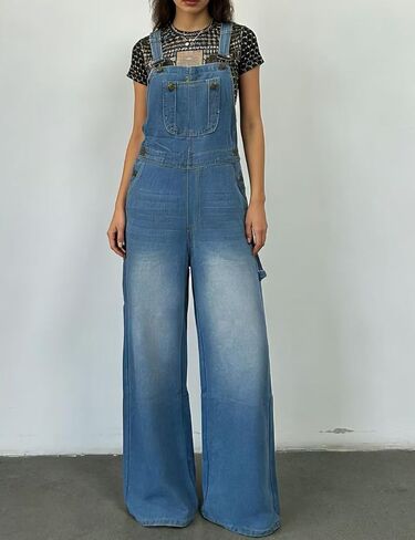 Women's Casual Denim Overalls Loose Baggy Jean Jumpsuit Vintage Bib Adjustable Wide Leg Harem Romper Pants in Saudi Arabia
