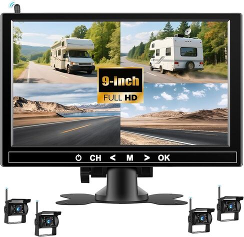 نظام كاميرا احتياطية لاسلكية RV 1080 بكسل، شاشة كاميرا عكسية 9 بوصة لـ 4 قنوات مع كاميرا احتياطية للرؤية الليلية مقاومة للماء IP69 وكاميرا رؤية خلفية أمامية للشاحنة/RV/الشاحنة/سيارات الدفع الرباعي/البيك اب in Kuwait