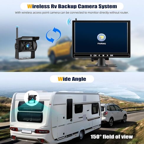 نظام كاميرا احتياطية لاسلكية RV 1080 بكسل، شاشة كاميرا عكسية 9 بوصة لـ 4 قنوات مع كاميرا احتياطية للرؤية الليلية مقاومة للماء IP69 وكاميرا رؤية خلفية أمامية للشاحنة/RV/الشاحنة/سيارات الدفع الرباعي/البيك اب in Kuwait