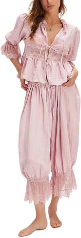 Thopavenoir النساء الدانتيل تقليم 2 قطعة منامة مجموعات Y2k ربطة القوس فيونكة قمصان قصيرة الأكمام + كشكش متوهج فانوس السراويل المتسكعون in Kuwait