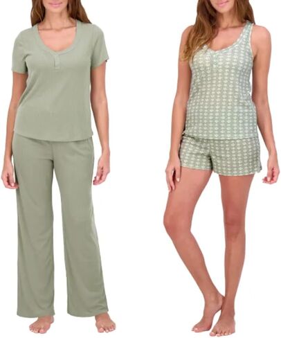 طقم بيجامة نسائي مكون من 4 قطع من Pointelle Lounge Wear، تي شيرت Henley، بدون أكمام، قصير، وبنطلون in Saudi Arabia
