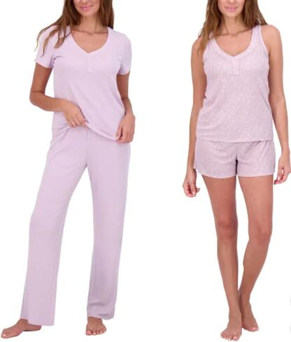 طقم بيجامة نسائي مكون من 4 قطع من Pointelle Lounge Wear، تي شيرت Henley، بدون أكمام، قصير، وبنطلون in Saudi Arabia