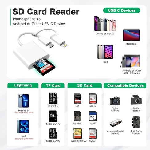 قارئ بطاقة SD لأجهزة iPhone، ومحول بطاقة ذاكرة SD مزدوج وUSB-C وموصل Lightning، وقارئ كاميرا بطاقة الذاكرة من النوع C لـ SD SDXC SDHC متوافق مع iPhone وiPad Trail Game Camera التوصيل والتشغيل in Kuwait