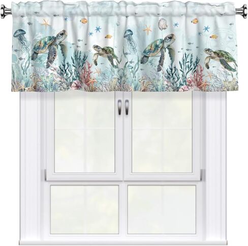 Sea Turtle Curtain Valance Coastal Coral Kitchen Short Curtains 54"x18" Window Treatment Rod Pocket Valance for Bedroom Living Room Decor in Saudi Arabia