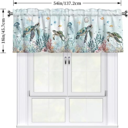 Sea Turtle Curtain Valance Coastal Coral Kitchen Short Curtains 54"x18" Window Treatment Rod Pocket Valance for Bedroom Living Room Decor in Saudi Arabia