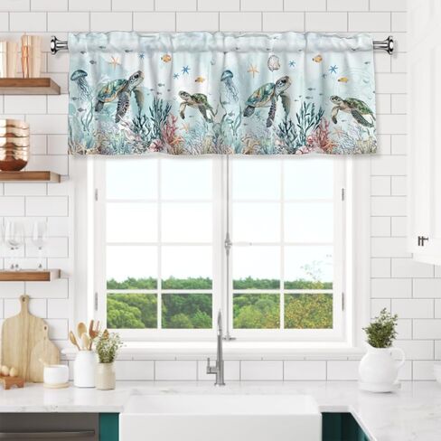 Sea Turtle Curtain Valance Coastal Coral Kitchen Short Curtains 54"x18" Window Treatment Rod Pocket Valance for Bedroom Living Room Decor in Saudi Arabia