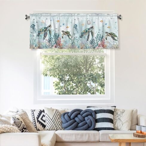 Sea Turtle Curtain Valance Coastal Coral Kitchen Short Curtains 54"x18" Window Treatment Rod Pocket Valance for Bedroom Living Room Decor in Saudi Arabia