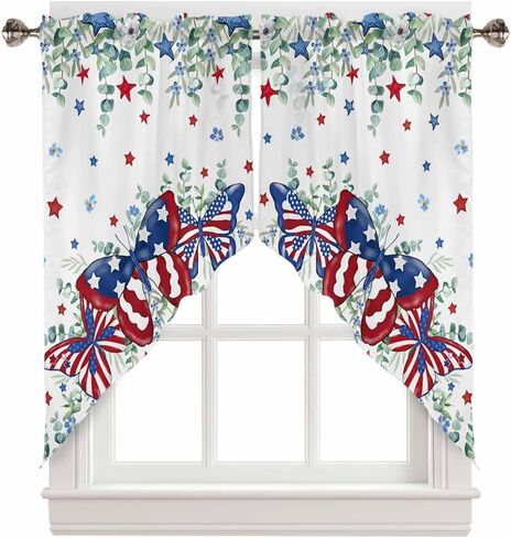 الرابع من يوليو يترك الفراشة غنيمة الستائر للنوافذ - قضيب جيب نافذة العلاج ستائر نافذة المطبخ ستارة غنيمة لغرفة المعيشة، غرفة النوم (مجموعة من 2، 28 × 36 بوصة، نجمة وطنية) in Kuwait