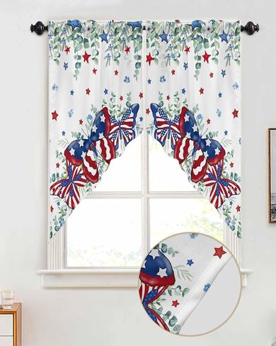 الرابع من يوليو يترك الفراشة غنيمة الستائر للنوافذ - قضيب جيب نافذة العلاج ستائر نافذة المطبخ ستارة غنيمة لغرفة المعيشة، غرفة النوم (مجموعة من 2، 28 × 36 بوصة، نجمة وطنية) in Kuwait