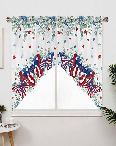 الرابع من يوليو يترك الفراشة غنيمة الستائر للنوافذ - قضيب جيب نافذة العلاج ستائر نافذة المطبخ ستارة غنيمة لغرفة المعيشة، غرفة النوم (مجموعة من 2، 28 × 36 بوصة، نجمة وطنية) in Kuwait