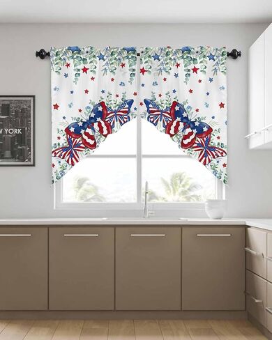 الرابع من يوليو يترك الفراشة غنيمة الستائر للنوافذ - قضيب جيب نافذة العلاج ستائر نافذة المطبخ ستارة غنيمة لغرفة المعيشة، غرفة النوم (مجموعة من 2، 28 × 36 بوصة، نجمة وطنية) in Kuwait
