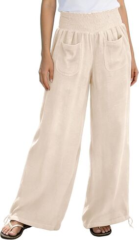 Faleave Women's Linen Blend Wide Leg Pants High Waist Elastic Waistband Drawstring Casual Pants with Pockets in Kuwait