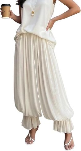Voghtic Women's Ruched Elastic Waist Balloon Pants - Flowy Harem Pants for Casual & Travel Outings in Kuwait