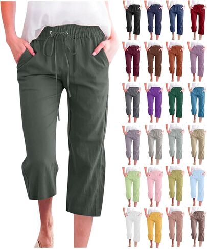Capri Pants for Women Cotton Linen Casual Summer Plus Size Wide Leg Loose Drawstring Elastic Waist Cropped Trousers in Saudi Arabia