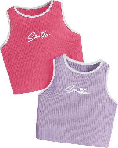Girl's 2 Pack Letter Print Tank Tops Contrast Binding Ribbed Knit Sleeveless Top in Saudi Arabia