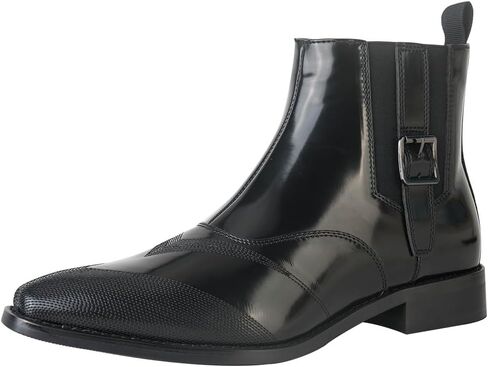 Men's Patent Leather Ankle Boots, Buckle Strap Chelsea Boots with Textured Toe, Stylish Dress Boots for Work & Daily in Saudi Arabia