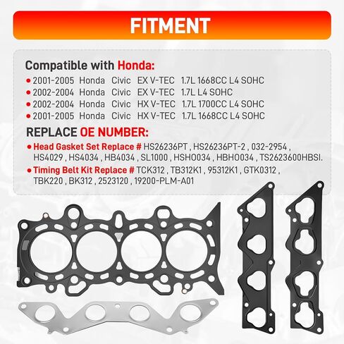 HS26236PT Head Gasket Set Timing Belt Kit W/Water Pump Compatible with Honda Civic HX/EX 1668CC/1700CC 1.7L 2001-2005 D17A2 D17A6 Replace#HS26236PT-2 HS4034 in Saudi Arabia