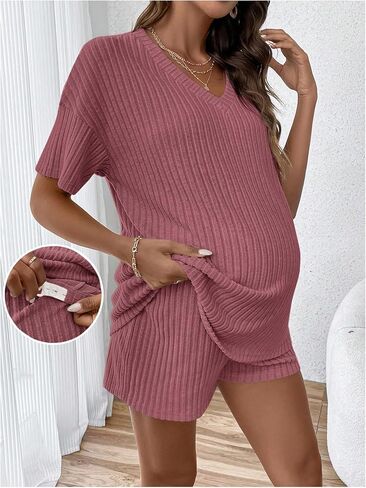 Women's Maternity Summer Short Sets 2 Piece Outfits Short Sleeve Ribbed T Shirt and Shorts in Saudi Arabia